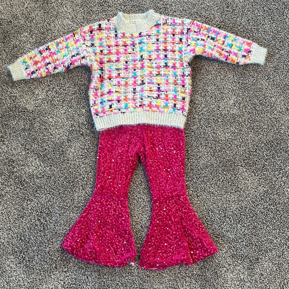 Colorful Knit Sweater and Pink Sequin Bell Bottom Pants Set